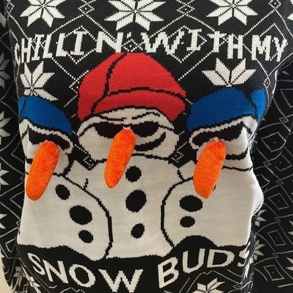 Fair Isle Holiday Sweater Black White Snowflake Snowman unisex Top Sz med - Picture 5 of 7